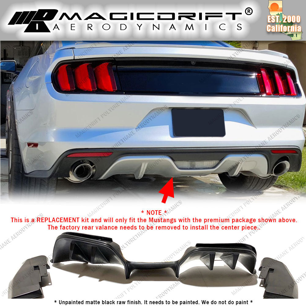 15-17 Ford Mustang 4-Fin Rear Bumper Diffuser w/ Side Valance 3 pcs Kit (Premium Packages only)